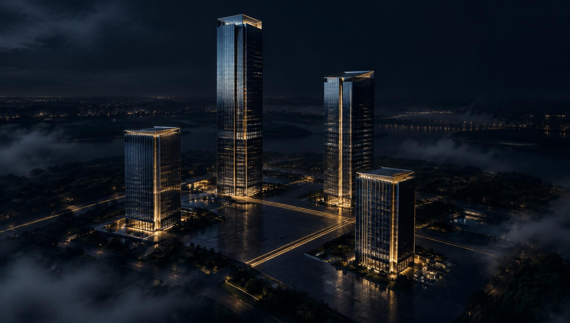 Four illuminated towers of different heights rising from one shared plaza, connected by lines of golden light at night