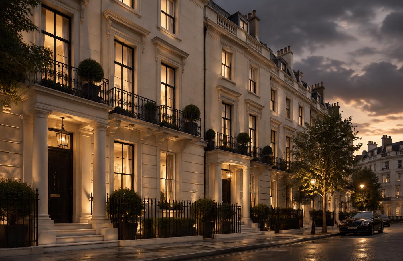 London townhouse facades at dusk